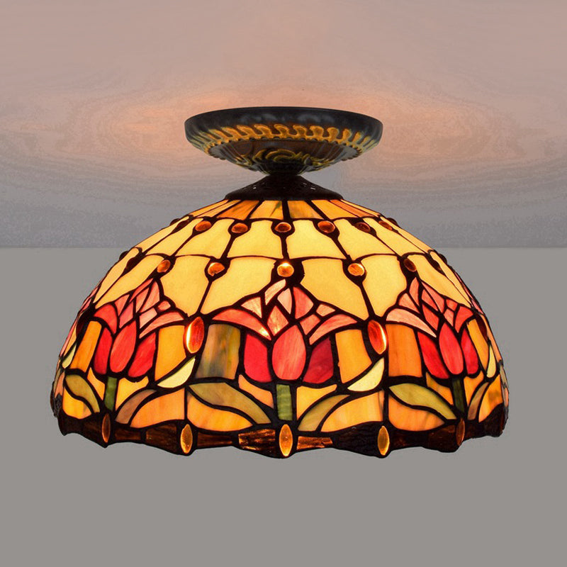 Plafonnier floral en verre teinté de style Tiffany, éclairage encastré en bronze à ampoule unique
