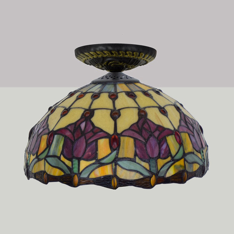 Plafonnier floral en verre teinté de style Tiffany, éclairage encastré en bronze à ampoule unique