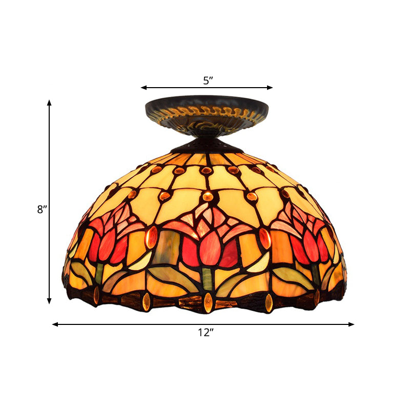 Plafonnier floral en verre teinté de style Tiffany, éclairage encastré en bronze à ampoule unique