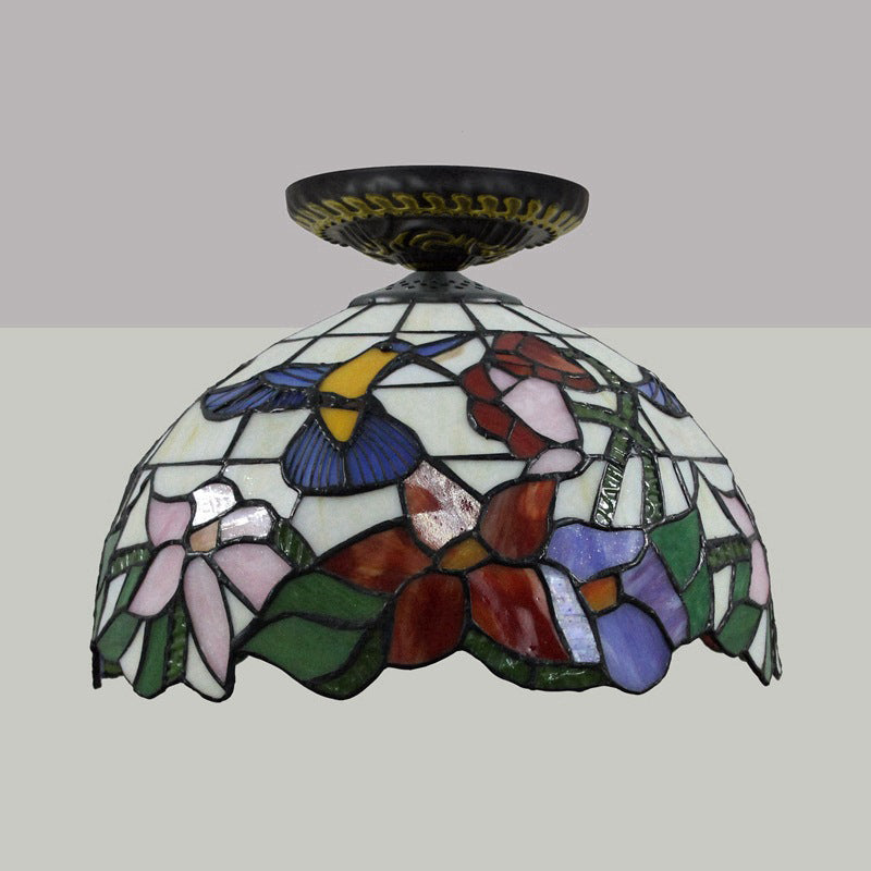 Plafonnier floral en verre teinté de style Tiffany, éclairage encastré en bronze à ampoule unique