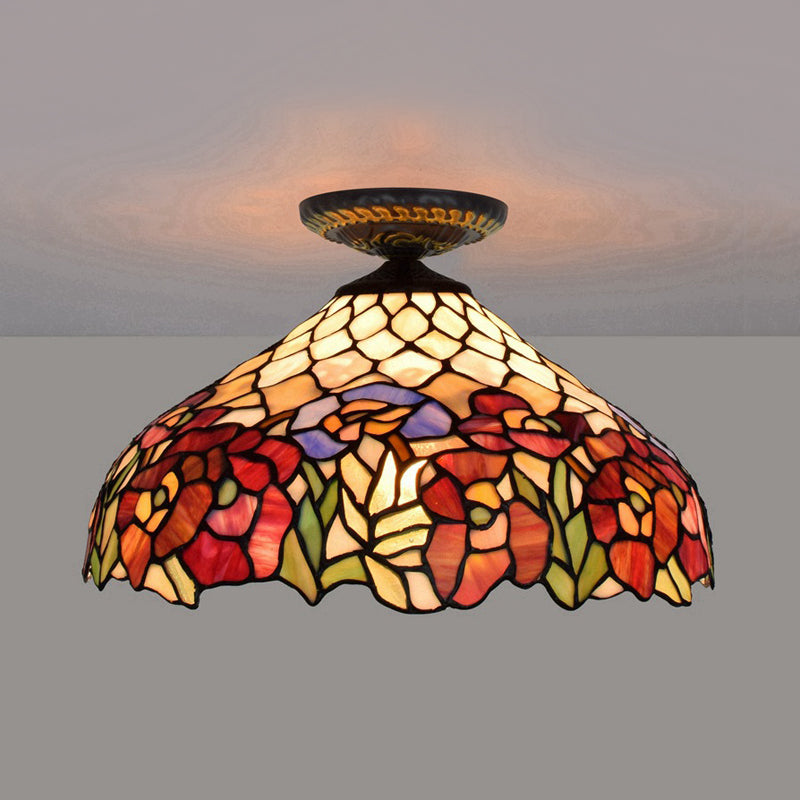 Rose Metal Ceiling Flush Mount Tiffany 12"/16" W 1 Head Brass Flush Mount Light Fixture