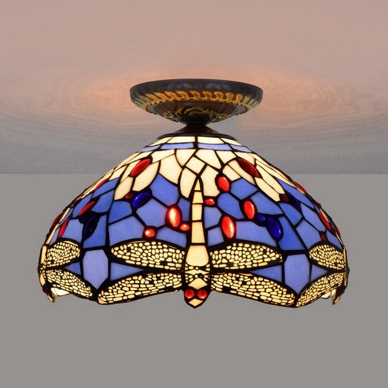 Lampe encastrée Tiffany Dragonfly, 1 ampoule, vitrail proche du plafond, luminaire en laiton