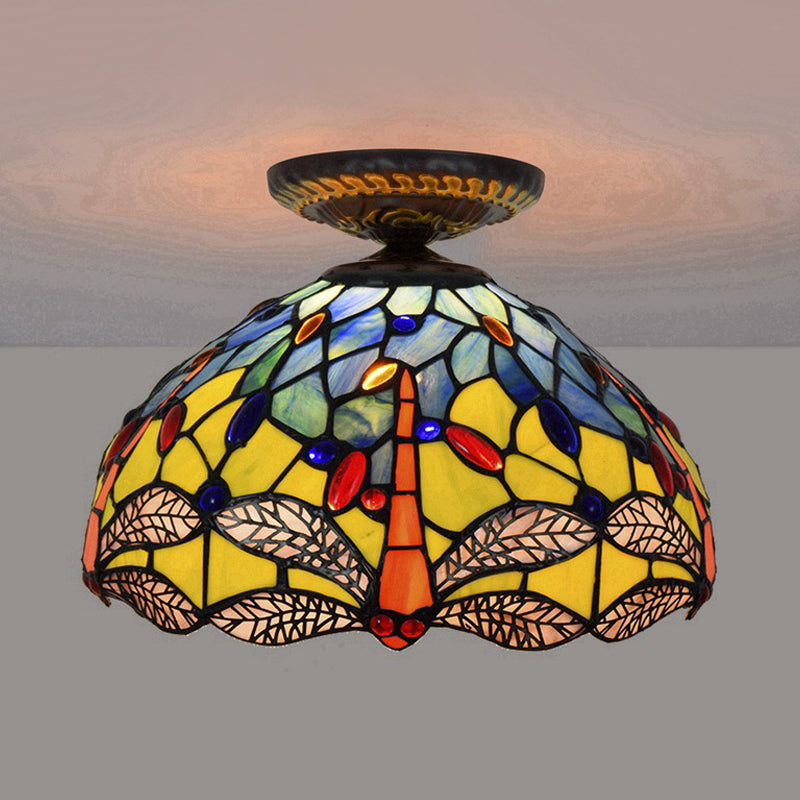 Lampe encastrée Tiffany Dragonfly, 1 ampoule, vitrail proche du plafond, luminaire en laiton