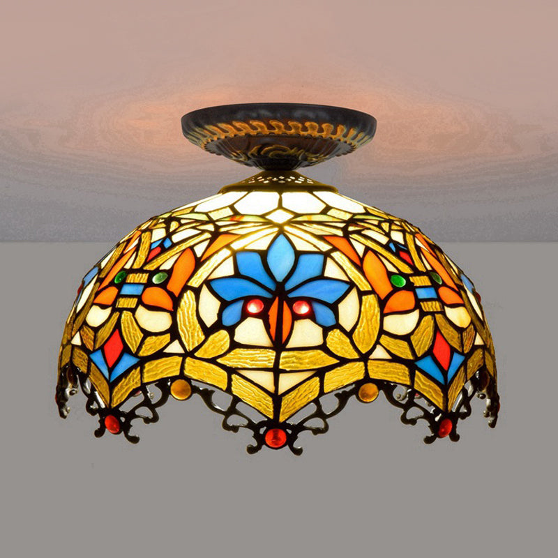 12 "/16" W Barocco Scalloped Flush Monte Lighting 1 Bulb Handcrafted Glass Soffitto Lampada in Nero