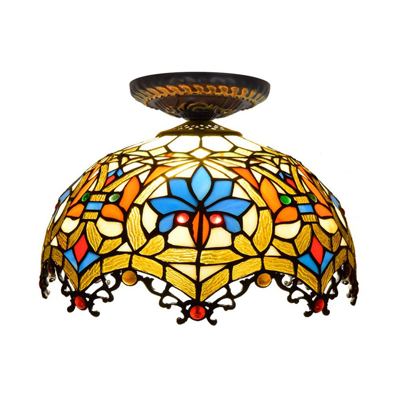 12"/16" W Baroque Scalloped Flush Mount Lighting 1 Bulb Handcrafted Stained Glass Ceiling Lamp in Black
