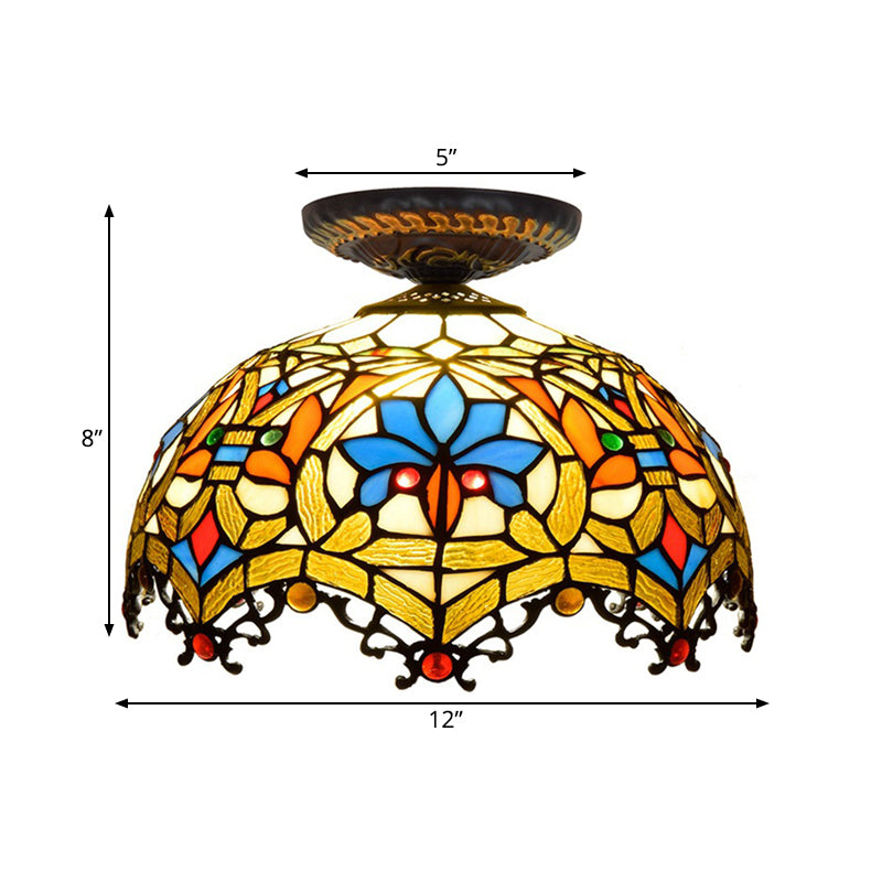 12"/16" W Baroque Scalloped Flush Mount Lighting 1 Bulb Handcrafted Stained Glass Ceiling Lamp in Black