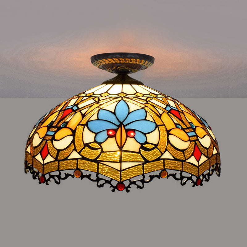 12"/16" W Baroque Scalloped Flush Mount Lighting 1 Bulb Handcrafted Stained Glass Ceiling Lamp in Black
