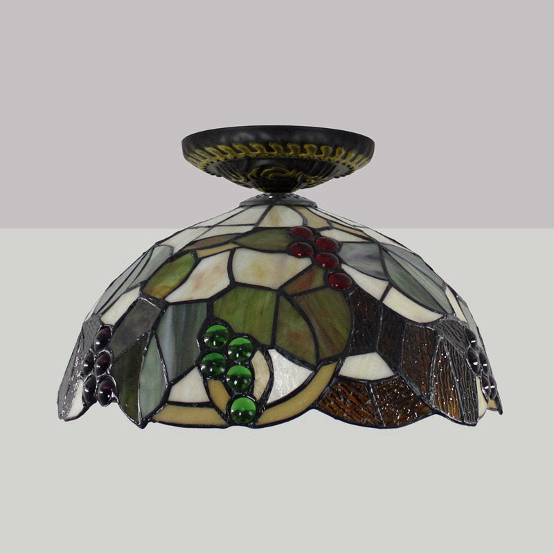 1 Light Grape Ceiling Lighting Tiffany Brass Stained Glass Flush Mount Light, 12"/16" W
