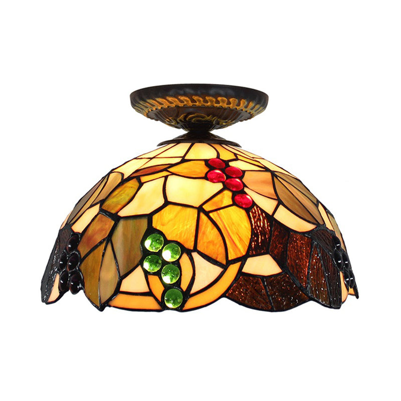 1 Light Grape Ceiling Lighting Tiffany Brass Stained Glass Flush Mount Light, 12"/16" W