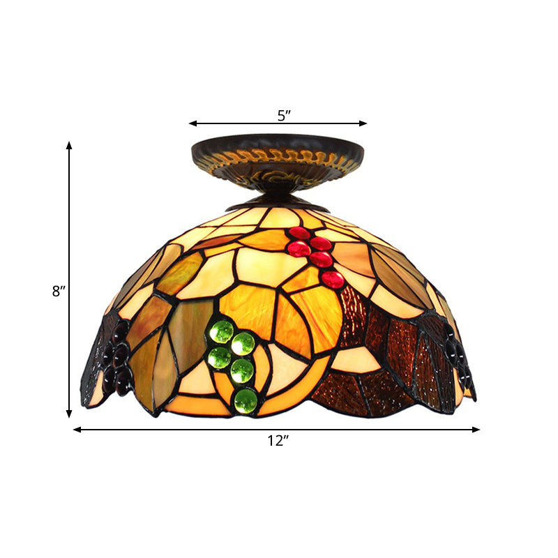 1 Light Grape Ceiling Lighting Tiffany Brass Stained Glass Flush Mount Light, 12"/16" W