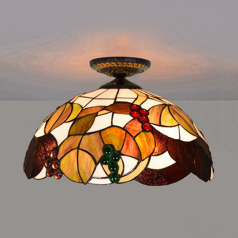 1 Light Grape Ceiling Lighting Tiffany Brass Stained Glass Flush Mount Light, 12"/16" W