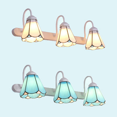 3 Head Wall Sconce Light Tiffany Conical White/Blue Glass Vanity Light Fixture for Bathroom