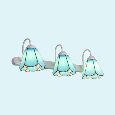 3 Head Wall Sconce Light Tiffany Conical White/Blue Glass Vanity Light Fixture for Bathroom