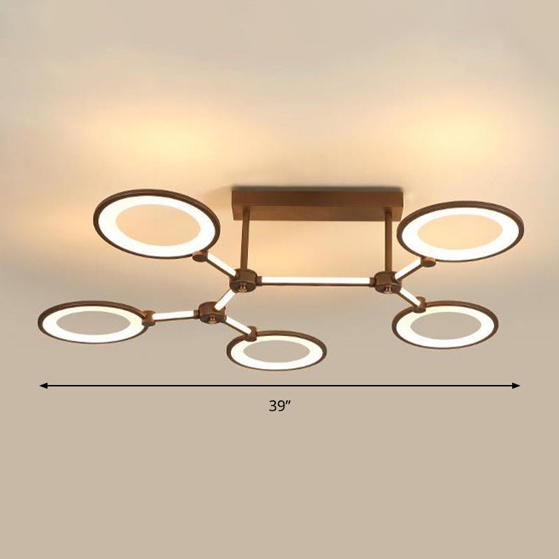 Kreis Ring Wohnzimmer Semi Flush Mount Mount Acryl 5 Lichter zeitgenössische Deckenlampe im Kaffee