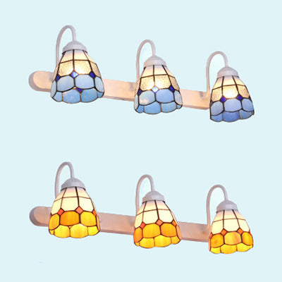 White 3 Heads Wall Light Fixture Tiffany Yellow/Blue Glass Grid Patterned Vanity Lighting