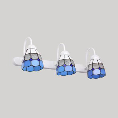 White 3 Heads Wall Light Fixture Tiffany Yellow/Blue Glass Grid Patterned Vanity Lighting