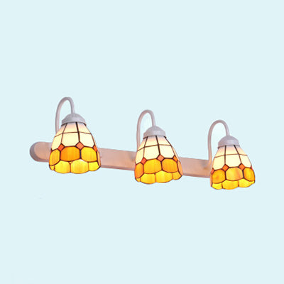 White 3 Heads Wall Light Fixture Tiffany Yellow/Blue Glass Grid Patterned Vanity Lighting