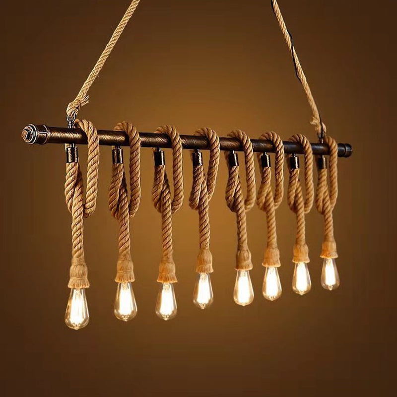 Linear Restaurant Island Pendant Light Retro Style Rope Beige Island Ceiling Light