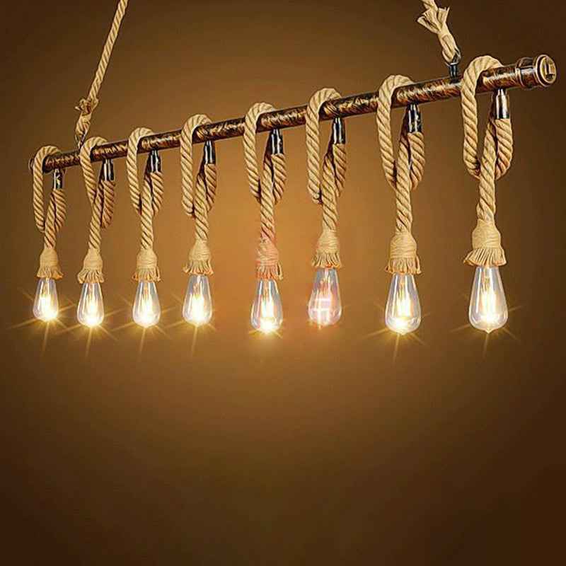 Linear Restaurant Island Pendant Light Retro Style Rope Beige Island Ceiling Light