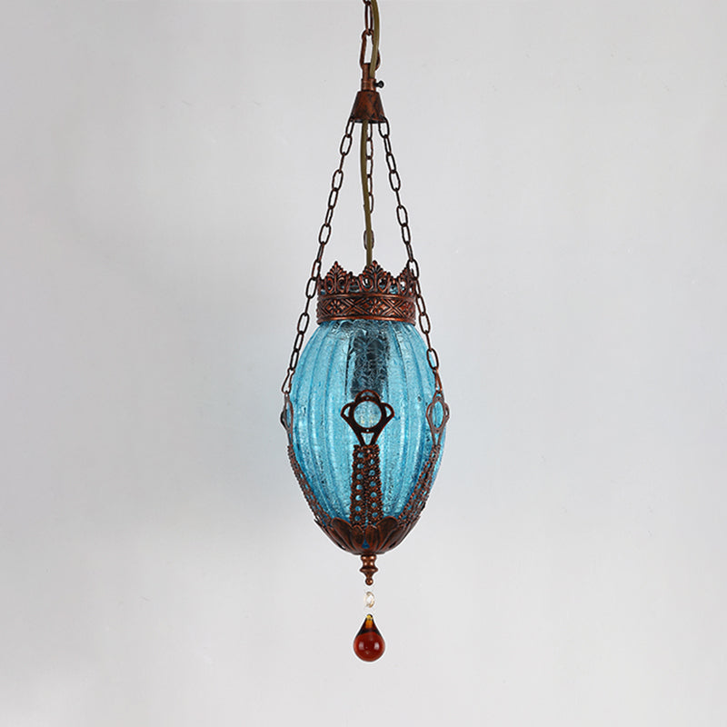 Moroccan Oval Pendant Light Fixture 1 Light Red/Yellow/Blue Textured Glass Suspension Lamp for Dining Room
