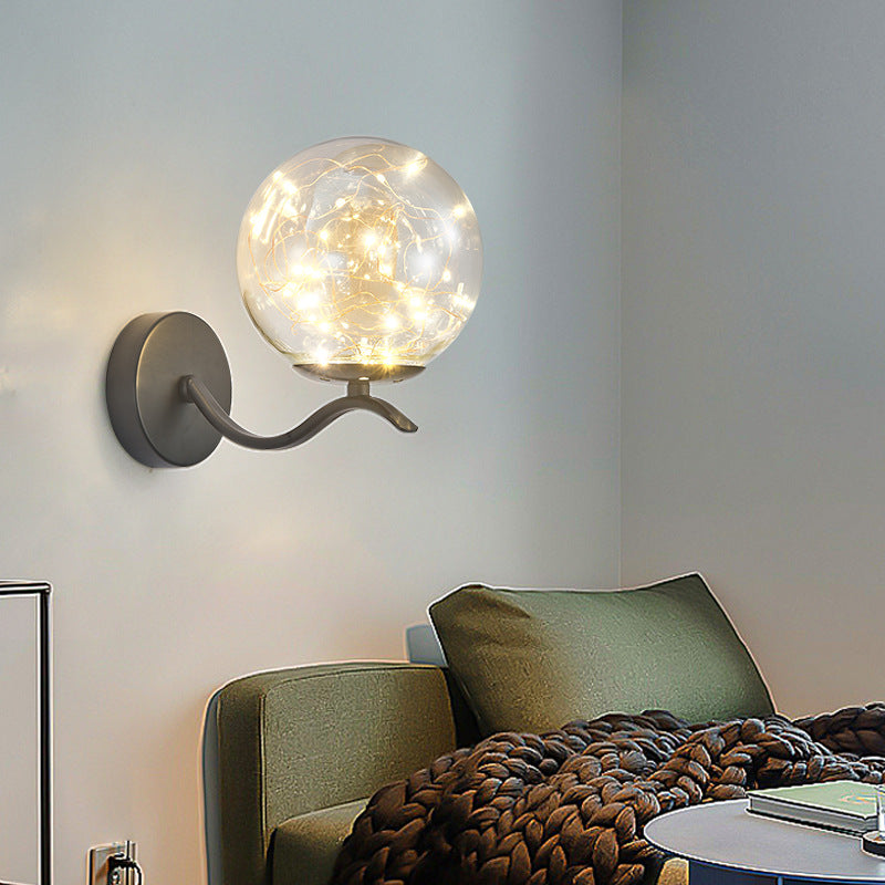 Wavy Metal Arm LED Lights String Wall Lamp Nordic Style Transparent Glass Orb Sconce Lighting for Staircase Aisle