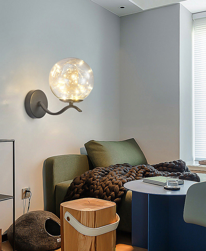 Wavy Metal Arm LED Lights String Wall Lamp Nordic Style Transparent Glass Orb Sconce Lighting for Staircase Aisle