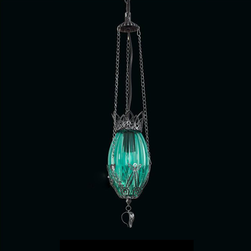 1 Light Restaurant Drop Pendant Vintage Style Down Lighting with Oval Red/Yellow/Blue Glass Shade