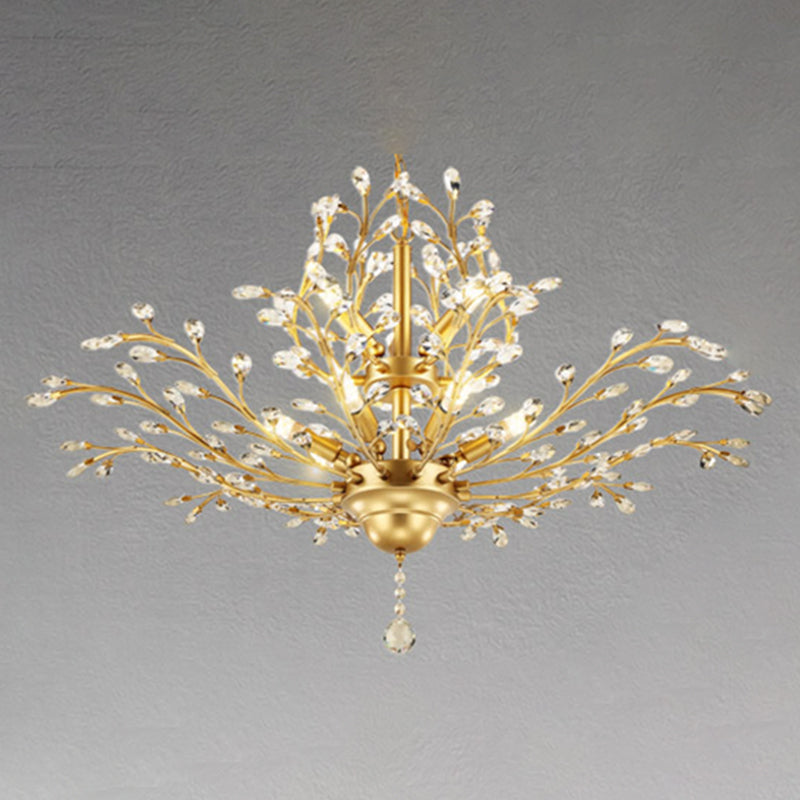 Country Style Foliage Chandelier Metal Suspension Light with Crystal Decor in Gold