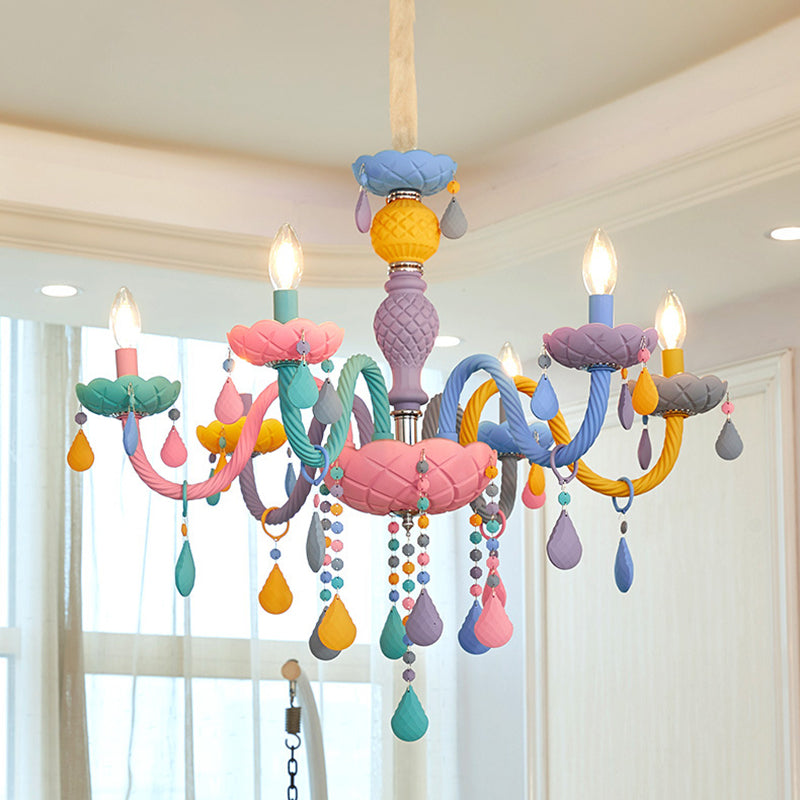 Bedroom Macaron Pendant Light in Modern Creative Style Wrought Iron Chandelier with Crystal Decoration