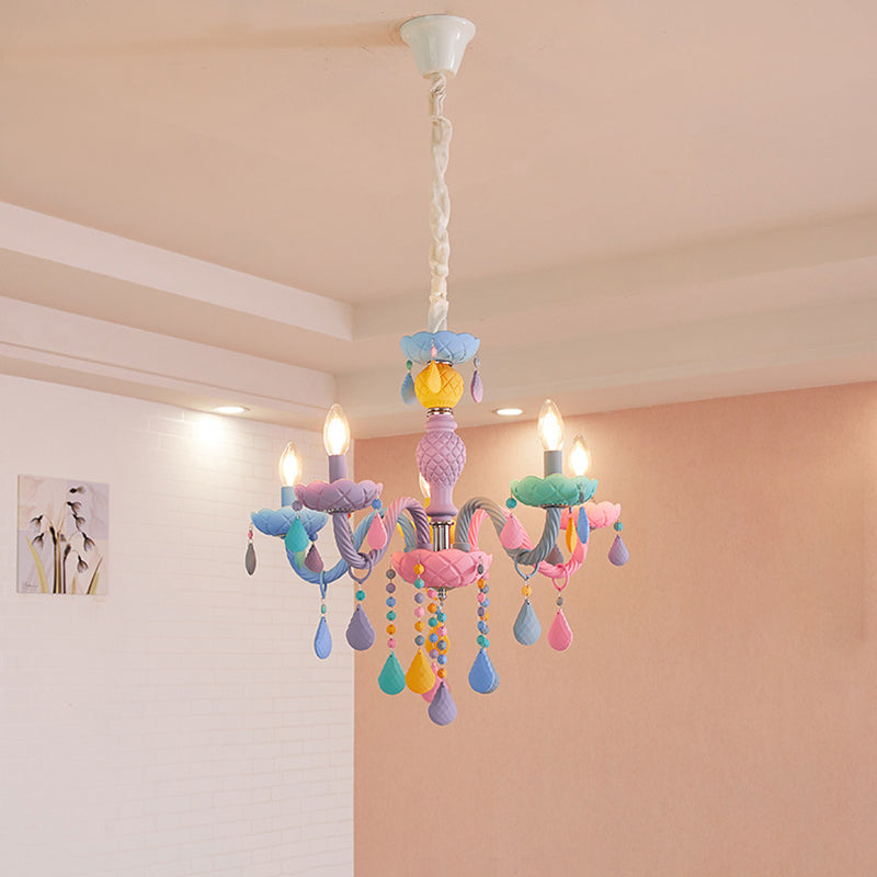 Bedroom Macaron Pendant Light in Modern Creative Style Wrought Iron Chandelier with Crystal Decoration