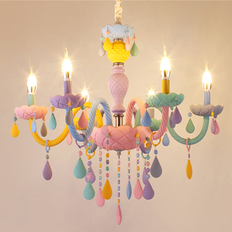 Bedroom Macaron Pendant Light in Modern Creative Style Wrought Iron Chandelier with Crystal Decoration