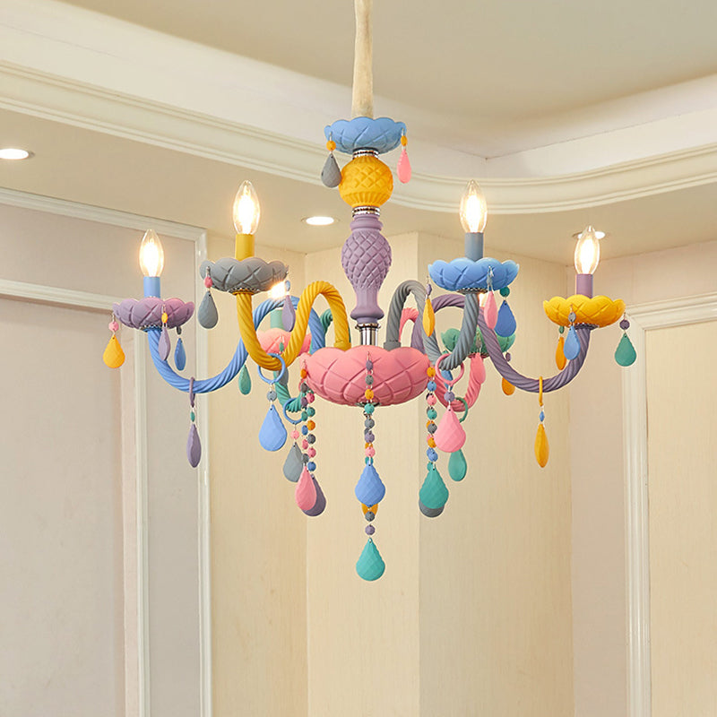 Bedroom Macaron Pendant Light in Modern Creative Style Wrought Iron Chandelier with Crystal Decoration