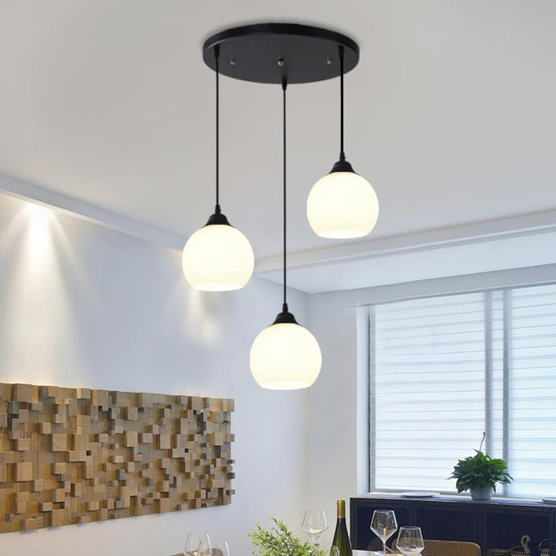 Black Domed Multi-Light Pendant Minimalist 3-Bulb White Glass Hanging Light Fixture