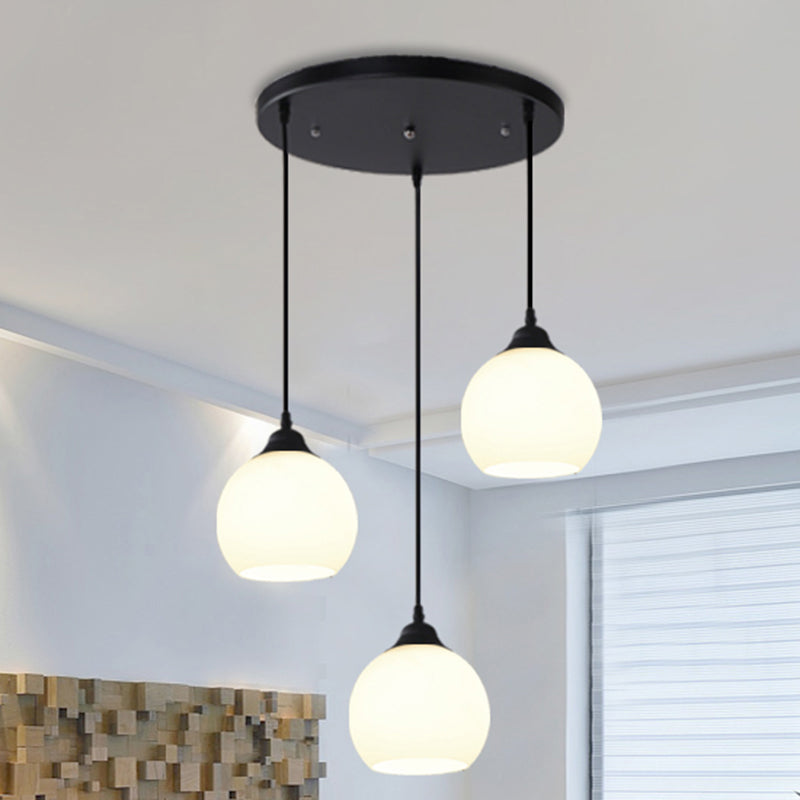 Black Domed Multi-Light Pendant Minimalist 3-Bulb White Glass Hanging Light Fixture
