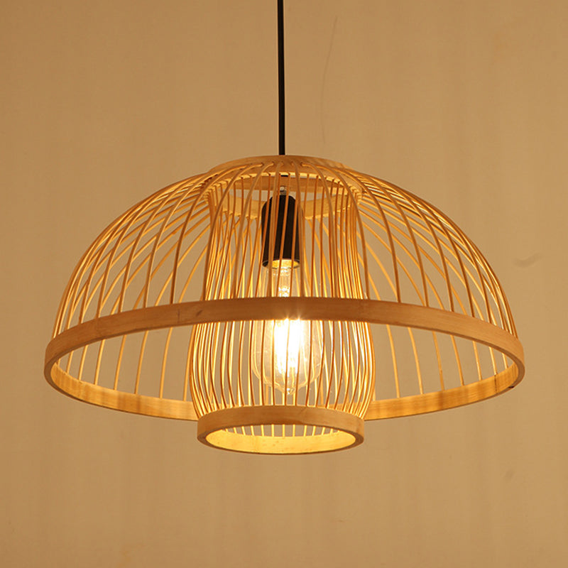Bamboo Hemispherical Pendant Lighting Fixture Asia 1 Light Beige Hanging Ceiling Light