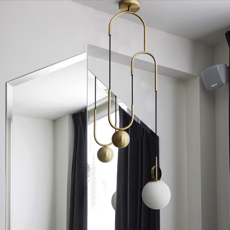 Postmodern Globe Pendant Lamp White Glass 1 Head Dining Room Hanging Light in Brass