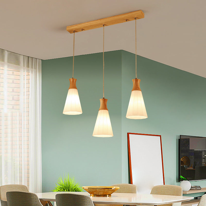 Nordic 3 Lights Pendant Wood Geometric Hanging Light Fixture with White Glass Shade