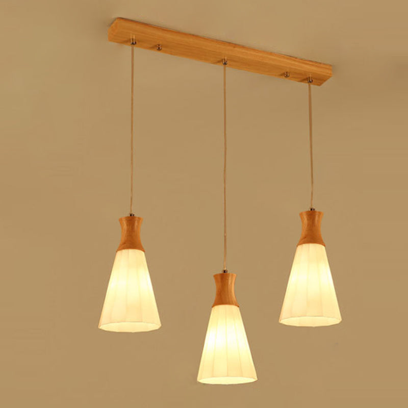 Nordic 3 Lights Pendant Wood Geometric Hanging Light Fixture with White Glass Shade