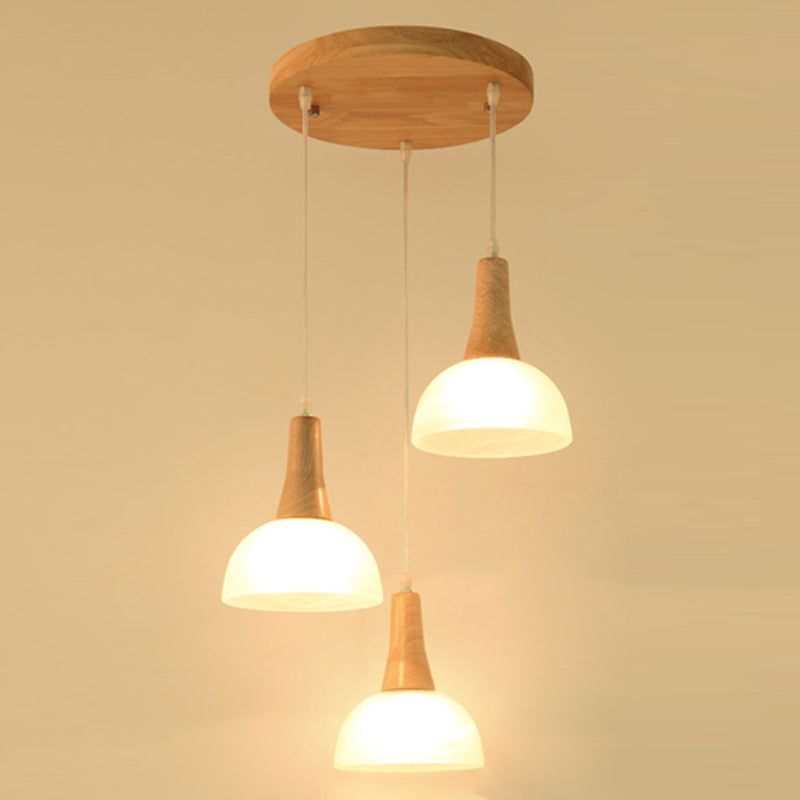 Nordic 3 Lights Pendant Wood Geometric Hanging Light Fixture with White Glass Shade
