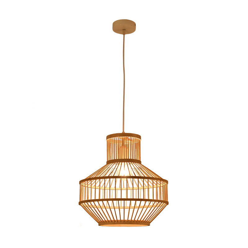 1 Light Dining Room Drop Pendant Modern Beige Ceiling Lamp with Round Bamboo Shade