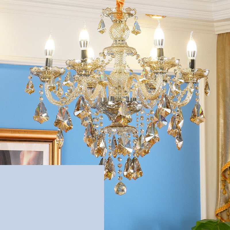 Gold Beveled K9 Crystal Suspension Lamp Candelabra Traditional Style Ceiling Lamp for Bedroom