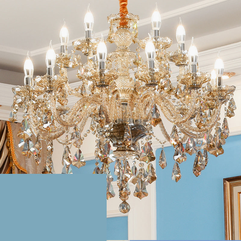 Gold Beveled K9 Crystal Suspension Lamp Candelabra Traditional Style Ceiling Lamp for Bedroom