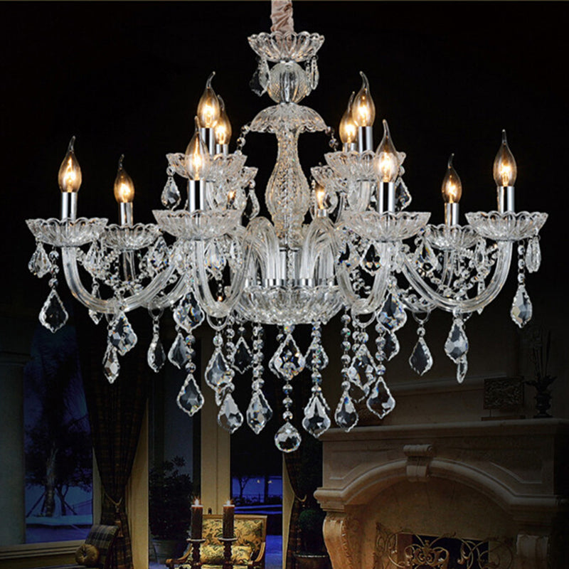 Traditional Beveled K9 Crystal Ceiling Pendant Light Candlestick Suspension Lighting for Living Room