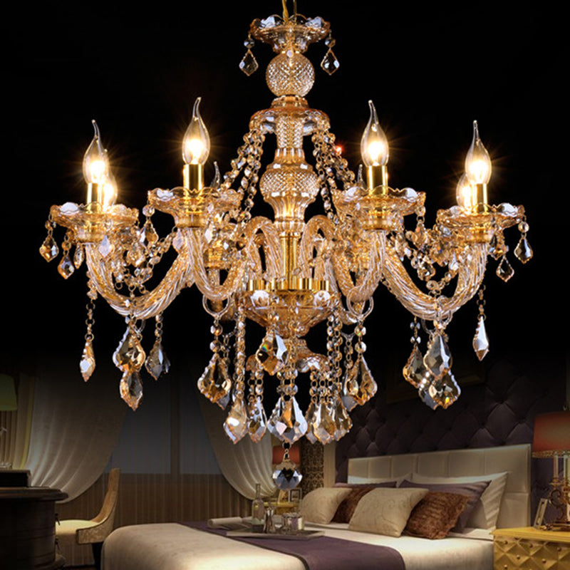 Traditional Beveled K9 Crystal Ceiling Pendant Light Candlestick Suspension Lighting for Living Room