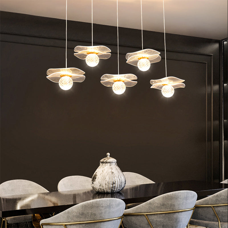 Acrylic Lotus Shaped Suspension Lamp Artistic Minimalist Brass LED Hanging Light for Bedroom