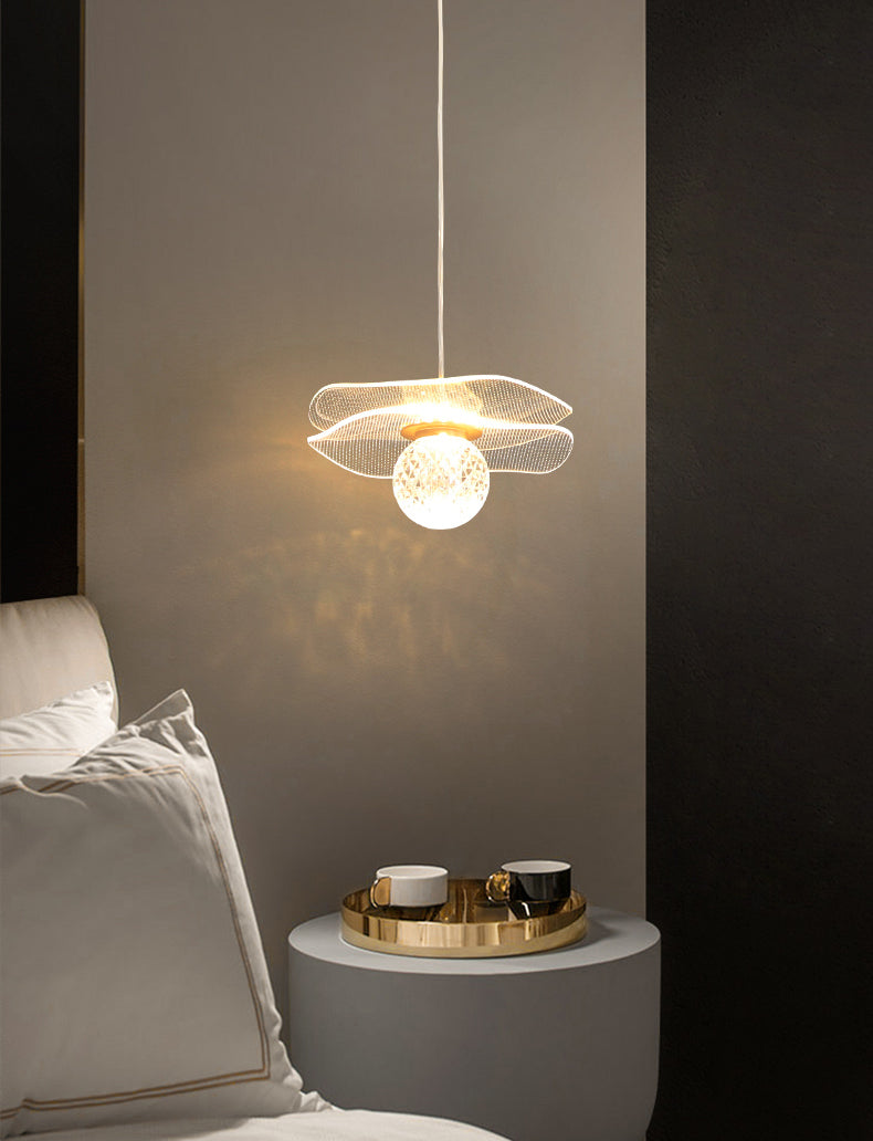 Acrylic Lotus Shaped Suspension Lamp Artistic Minimalist Brass LED Hanging Light for Bedroom
