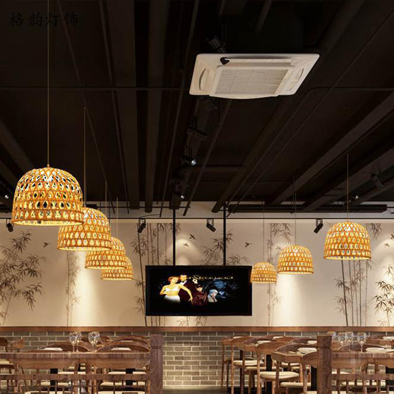 14 "/19.5" W Modern Dome Bamboo Accensione a sospensione 1 Lampada a soffitto di luce in beige per sala da pranzo