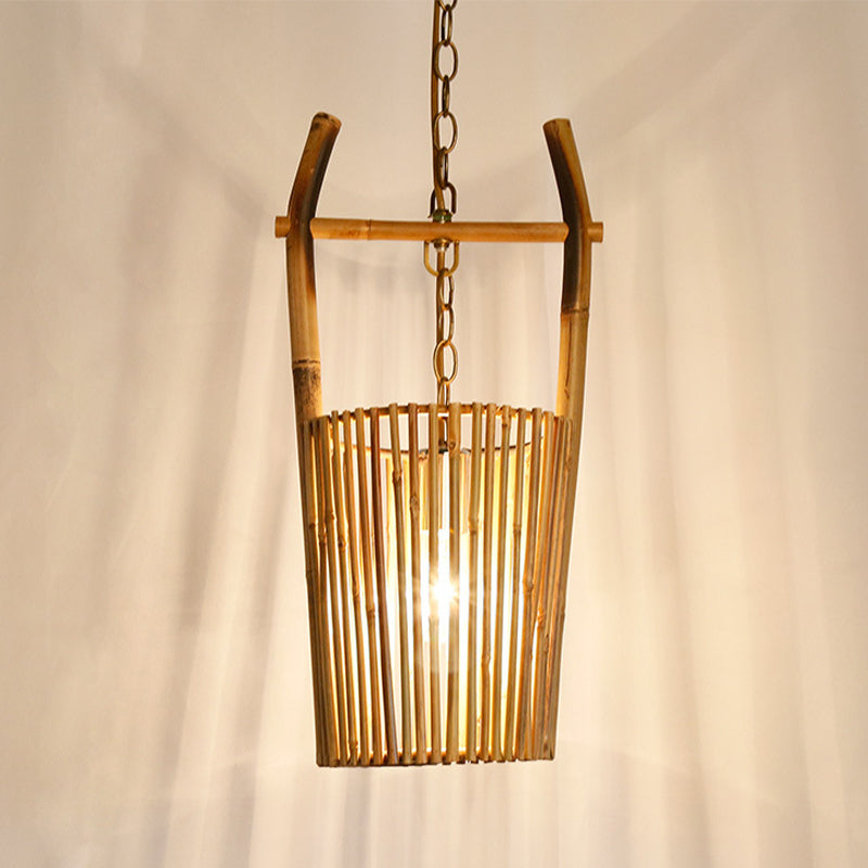 Luz de colgante de suspensión de barril beige moderno 1 lámpara colgante de bambú de luz