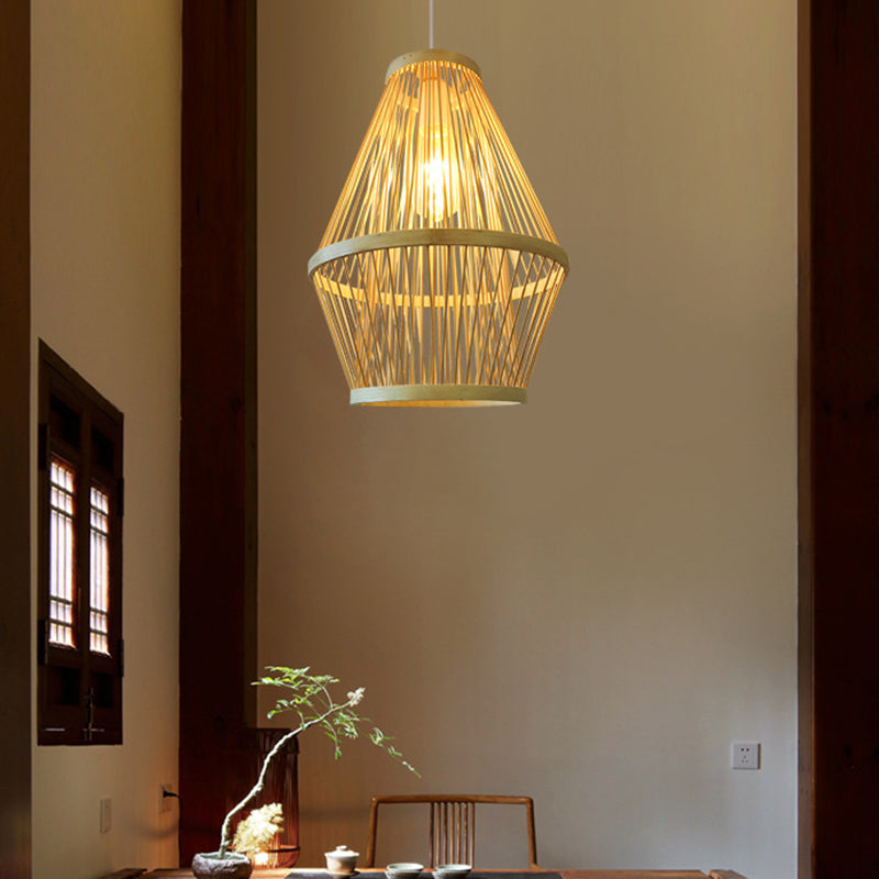 Luz de colgante curvado lámpara de bambú moderna 1 lámpara colgante de madera clara para comedor