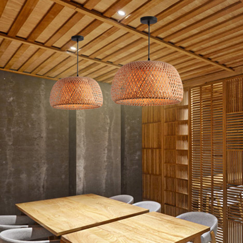 12“/15”/18“ Wide Domed Shaped Pendant Lighting Fixture Bamboo 1 Light Living Room Hanging Lamp Kit in Beige
